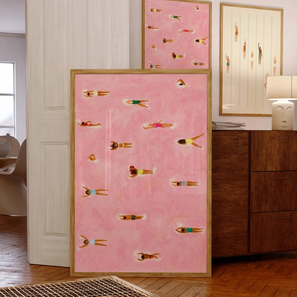 Tiny People Swimming in Pink B - Badminton Poster recensie en prijs